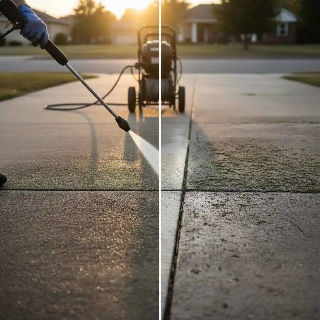 “before and after” pressure washing to show dramatic surface improvement.