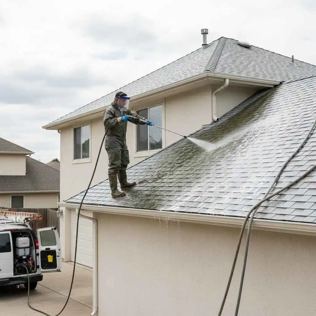 technician soft washing a roof